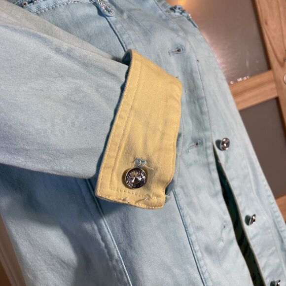 Quacker Factory Jeweled Raw Hem Distressed Blue Jean Denim Shirt Jacket Women S - Picture 5 of 10
